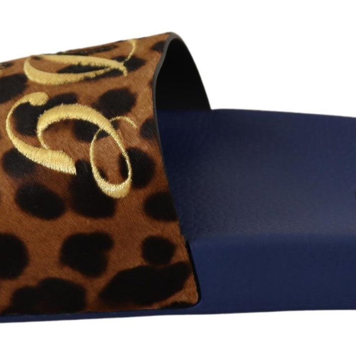 Dolce & Gabbana Blue Brown Leopard Logo Rubber Slides Slippers Shoes