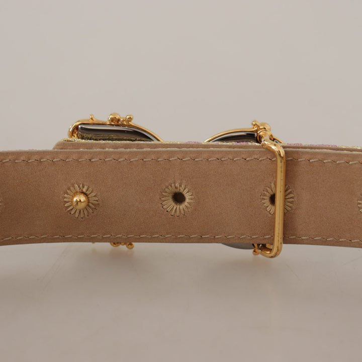 Dolce & Gabbana Rose Pink Jacquard DG Logo Gold Metal Buckle Belt
