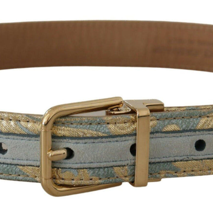 Dolce & Gabbana Blue Leather Jacquard Embossed Gold Metal Buckle Belt