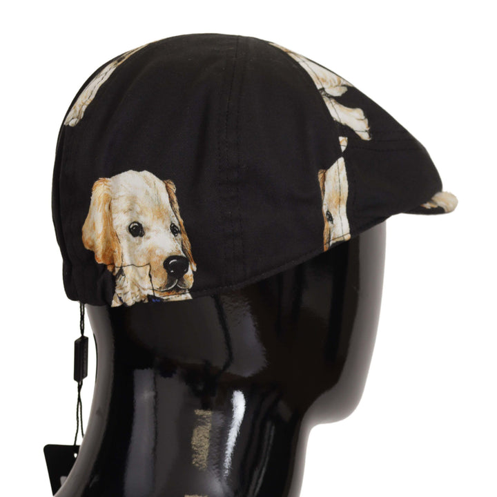 Dolce & Gabbana Black Dog Print Newsboy Men Capello Cotton Hat