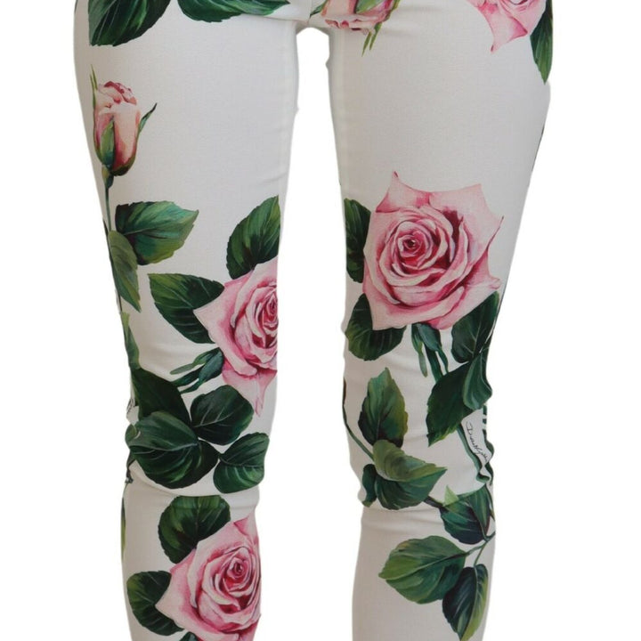 Dolce & Gabbana White Rose Print High Waist Pants