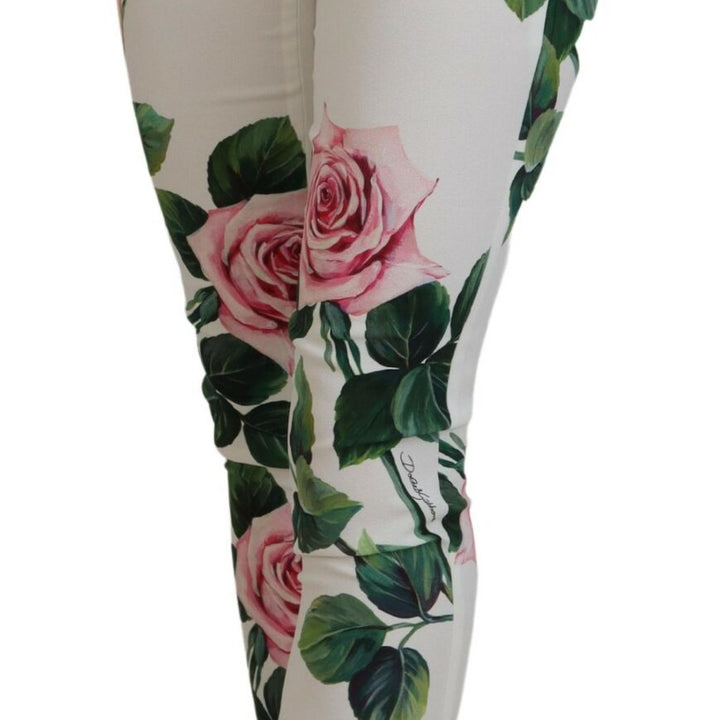 Dolce & Gabbana White Rose Print High Waist Pants