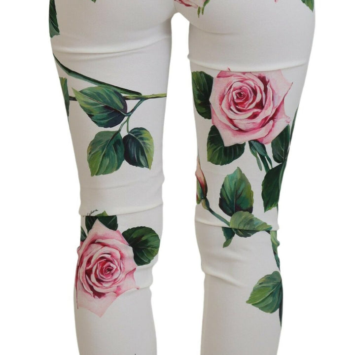 Dolce & Gabbana White Rose Print High Waist Pants
