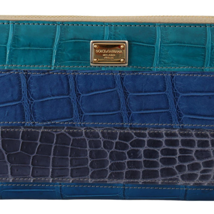 Dolce & Gabbana Blue Leather Crocodile Zip Around Wallet