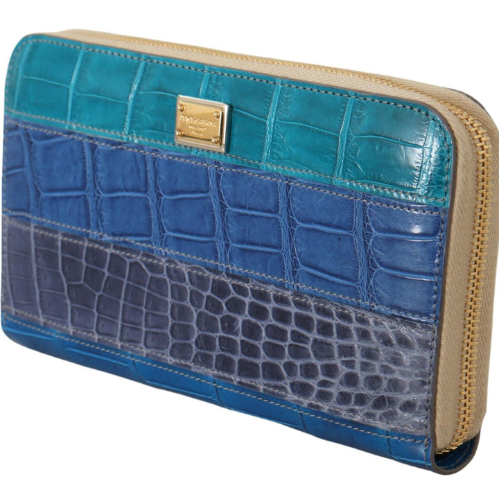 Dolce & Gabbana Blue Leather Crocodile Zip Around Wallet