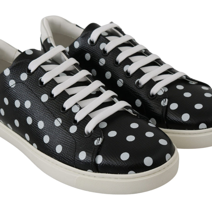 Dolce & Gabbana Black Leather Polka Dots Sneakers Shoes