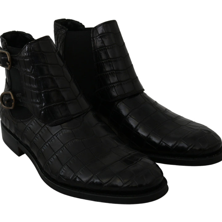 Dolce & Gabbana Black Crocodile Leather Derby Boots Shoes