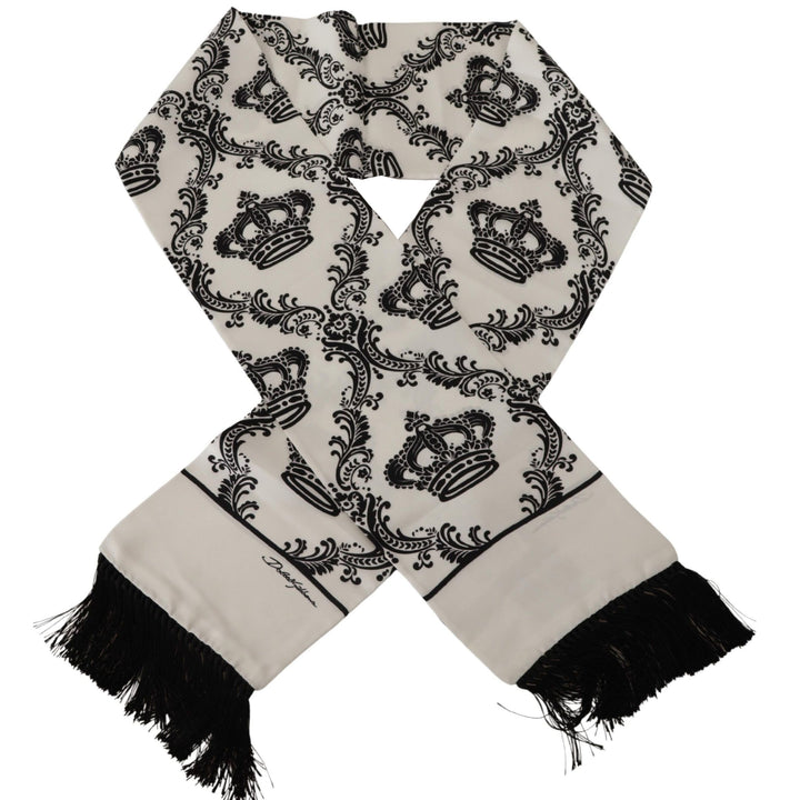 Dolce & Gabbana White Silk Royal Crown Mens Wrap Shawl Fringe Scarf