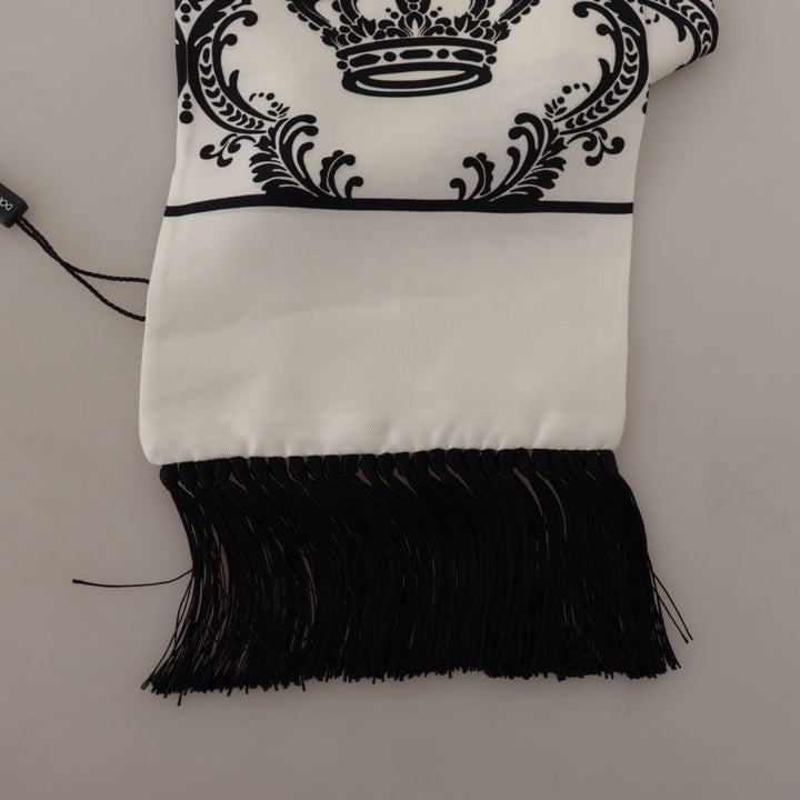 Dolce & Gabbana White Silk Royal Crown Mens Wrap Shawl Fringe Scarf