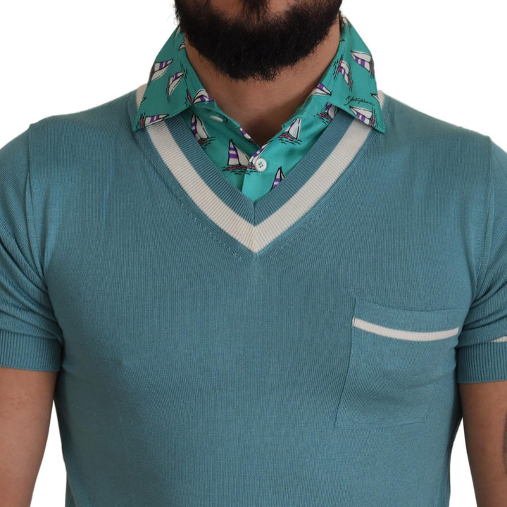 Dolce & Gabbana Blue Silk Polo Top Mens V-neck  T-shirt