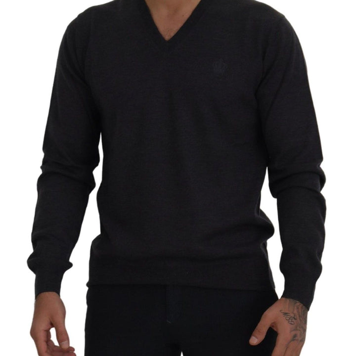 Dolce & Gabbana Dark Gray Crown V-Neckline Pullover Sweater