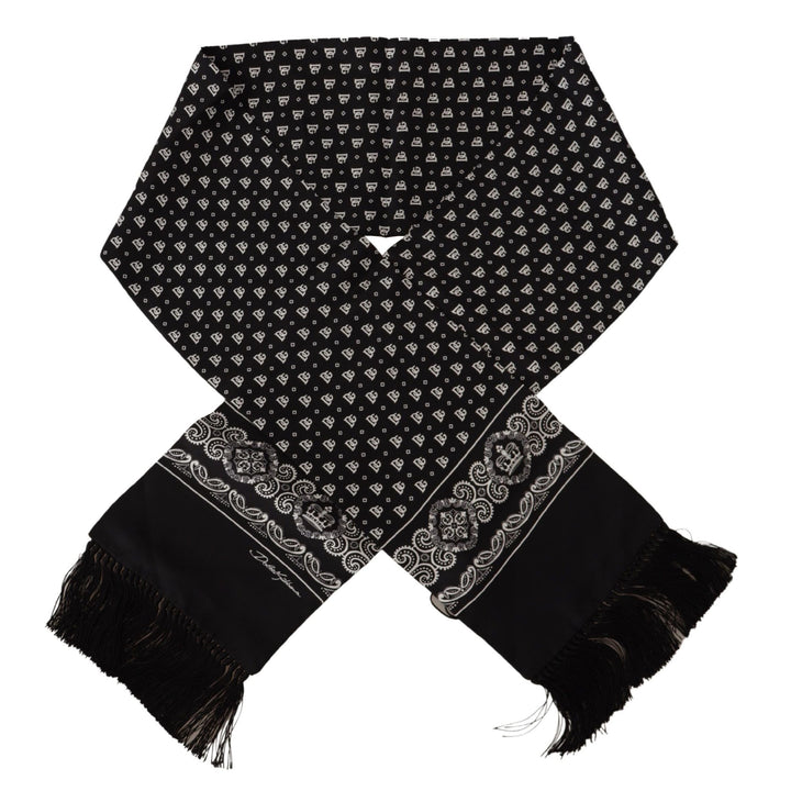 Dolce & Gabbana Black Silk Logo Crown Neck Wrap Shawl Fringe Scarf