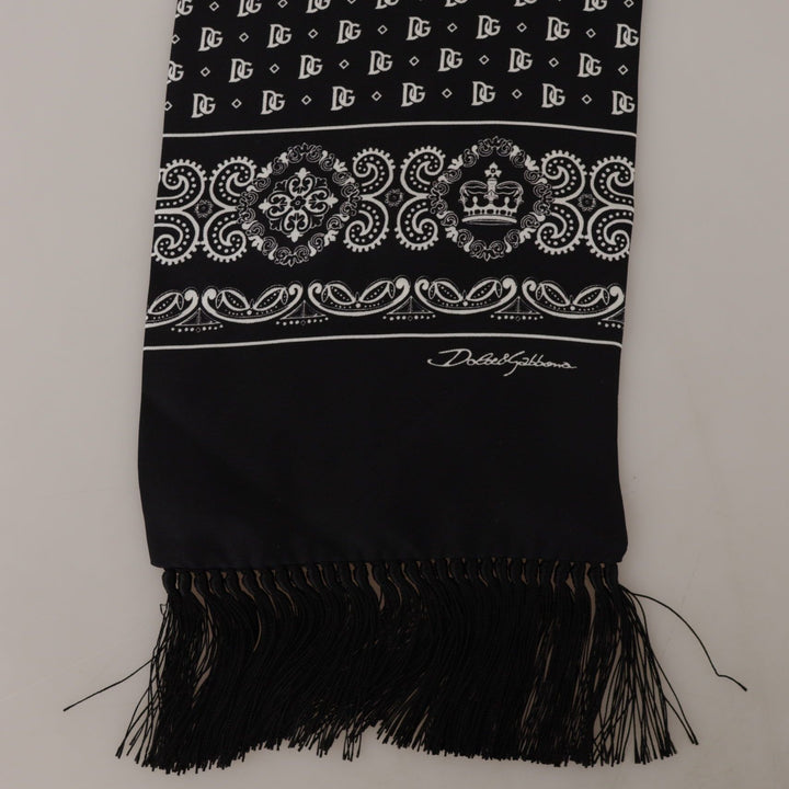 Dolce & Gabbana Black Silk Logo Crown Neck Wrap Shawl Fringe Scarf