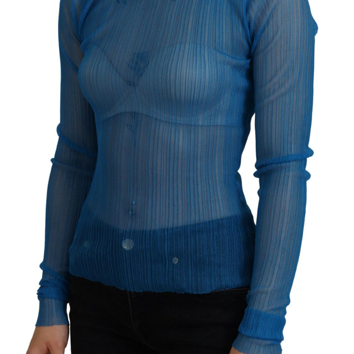 Dolce & Gabbana Blue Mesh Turtleneck Long Sleeve Blouse Top