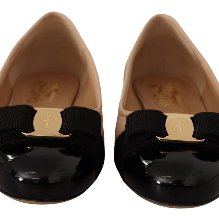 Salvatore Ferragamo Beige and Black Nappa Leather Ballet Flat Shoes