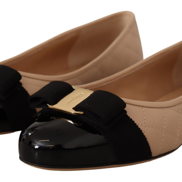 Salvatore Ferragamo Beige and Black Nappa Leather Ballet Flat Shoes