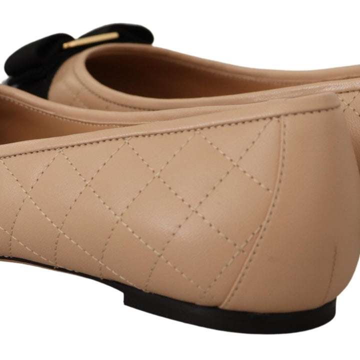 Salvatore Ferragamo Beige and Black Nappa Leather Ballet Flat Shoes