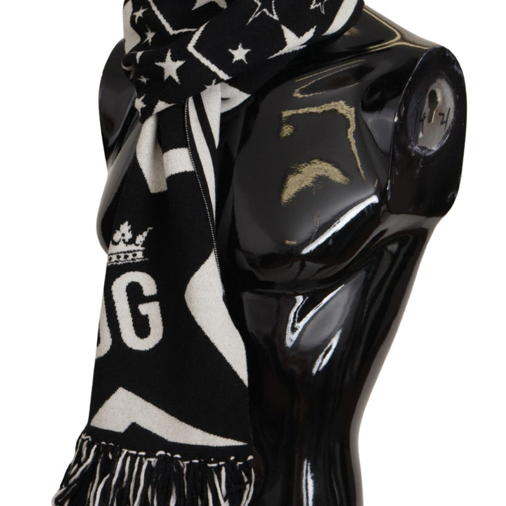 Dolce & Gabbana White Black DG Logo Star Printed Wool Fringe Scarf