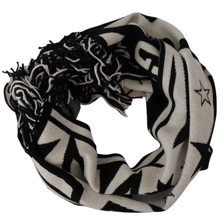 Dolce & Gabbana White Black DG Logo Star Printed Wool Fringe Scarf