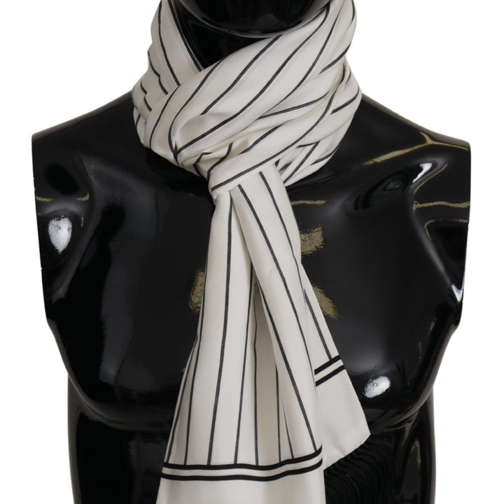 Dolce & Gabbana White Black Striped Logo Print Shawl Fringe Scarf