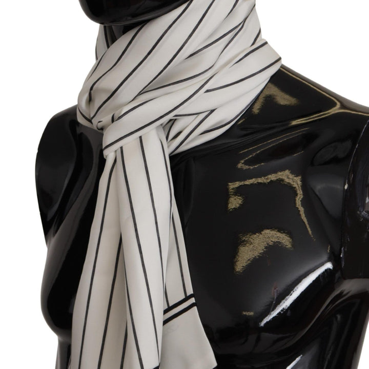 Dolce & Gabbana White Black Striped Logo Print Shawl Fringe Scarf