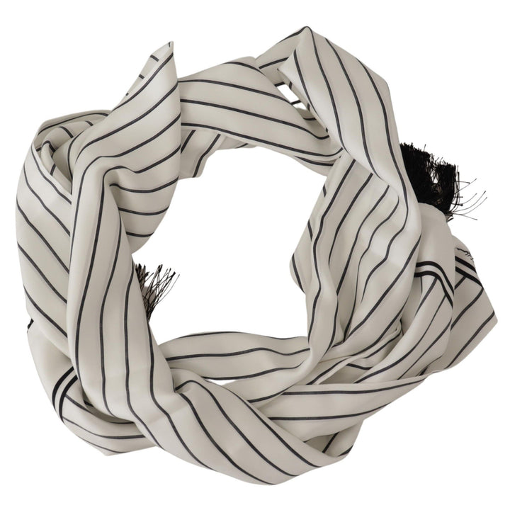 Dolce & Gabbana White Black Striped Logo Print Shawl Fringe Scarf