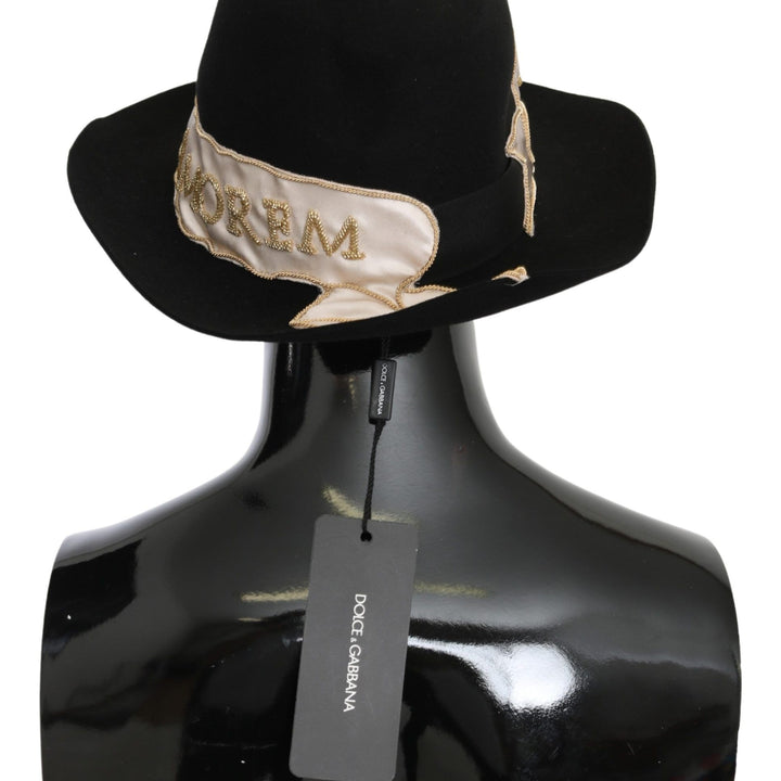 Dolce & Gabbana Black Lapin Amor Gignit Wide Brim Fedora Hat