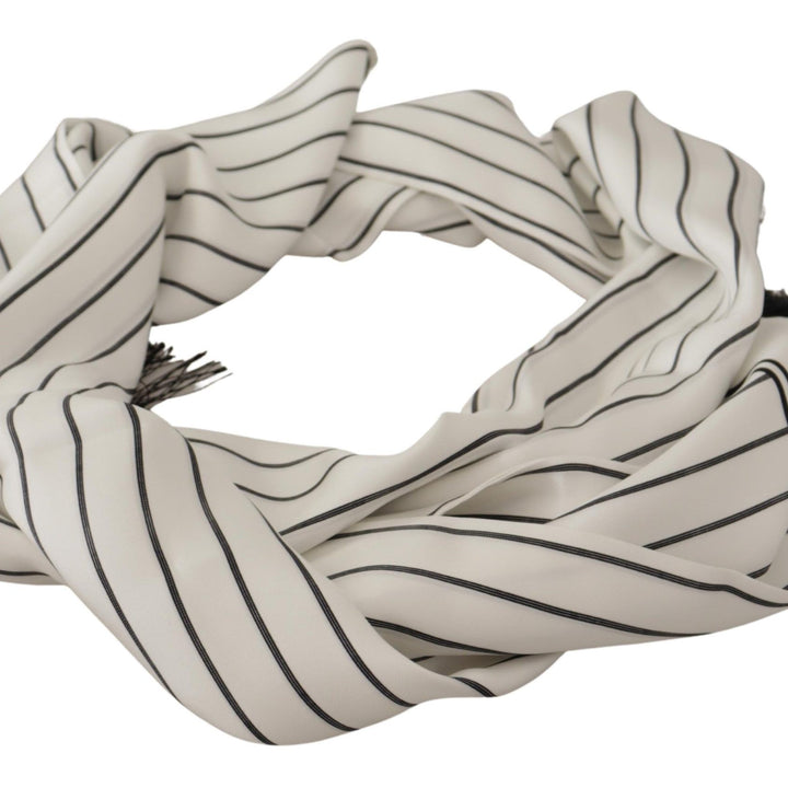 Dolce & Gabbana White Black Striped Logo Print Shawl Fringe Scarf