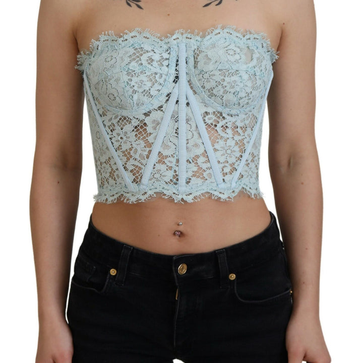 Dolce & Gabbana Blue Strapless Floral Lace Bustier Crop Top