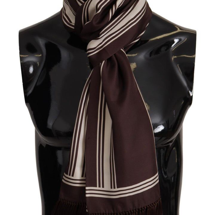 Dolce & Gabbana Brown Stripes Silk DG Printed Shawl Fringe Scarf