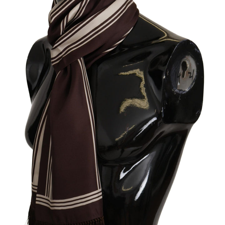 Dolce & Gabbana Brown Stripes Silk DG Printed Shawl Fringe Scarf