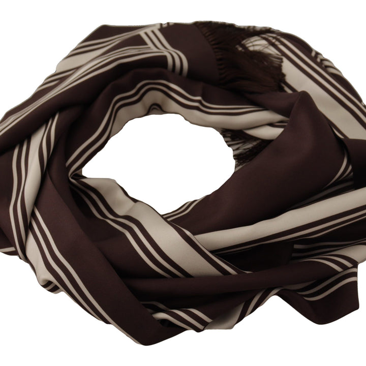 Dolce & Gabbana Brown Stripes Silk DG Printed Shawl Fringe Scarf