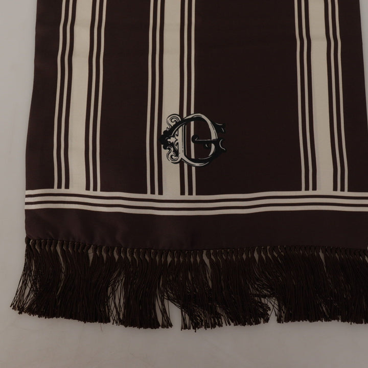 Dolce & Gabbana Brown Stripes Silk DG Printed Shawl Fringe Scarf