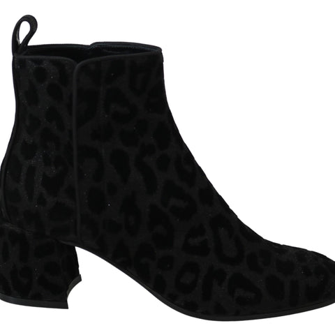 Dolce & Gabbana Black Leopard Short Boots Zipper Shoes