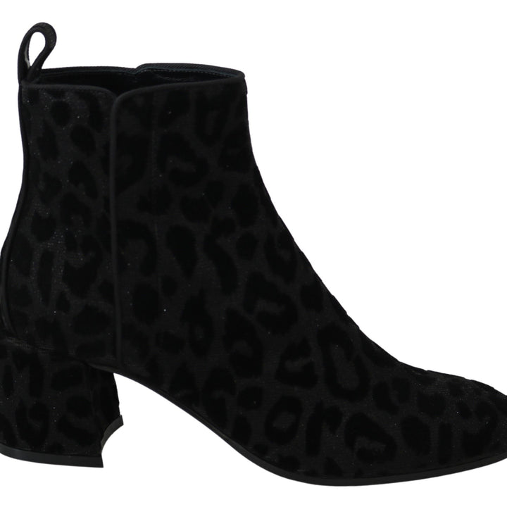 Dolce & Gabbana Black Leopard Short Boots Zipper Shoes
