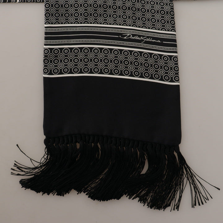 Dolce & Gabbana Black White 100% Silk Geometric Shawl Fringe Scarf