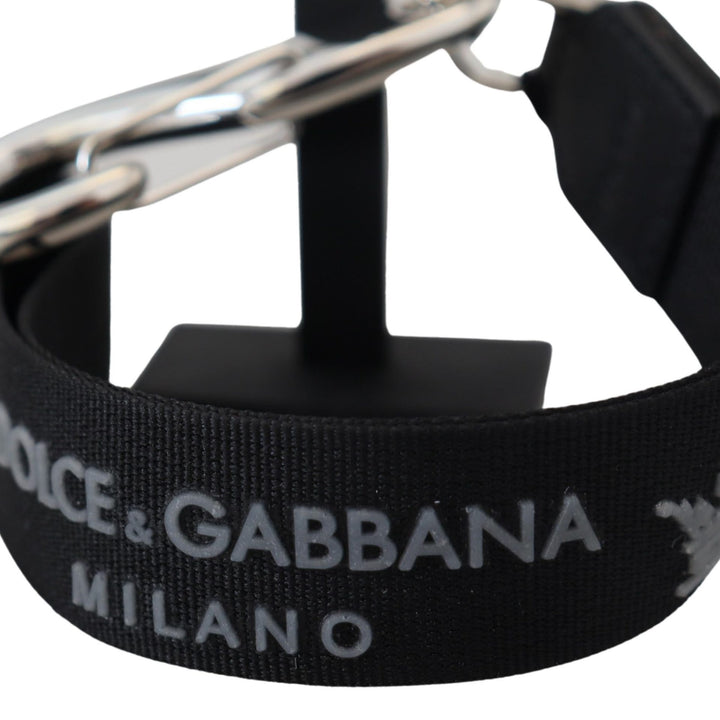 Dolce & Gabbana Black Polyester Logo Silver Tone Brass Keychain