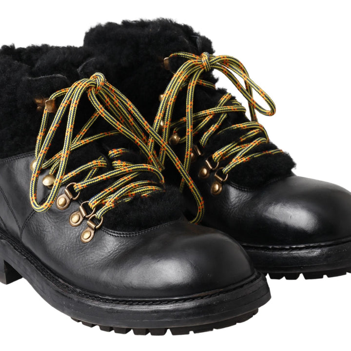 Dolce & Gabbana Black Leather Bernini Shearling Boots Shoes