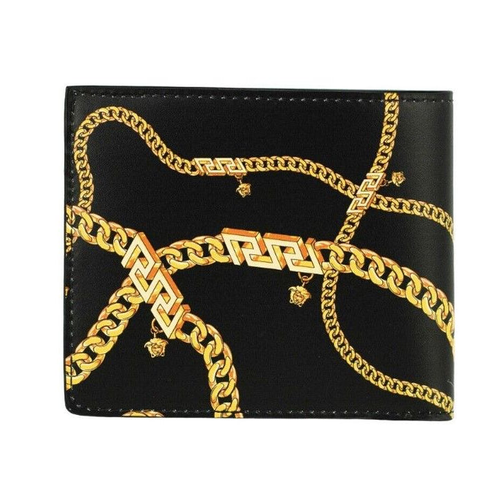 Versace Black Smooth Leather Gold Medusa Head Chain Logo Bifold Organizer Wallet