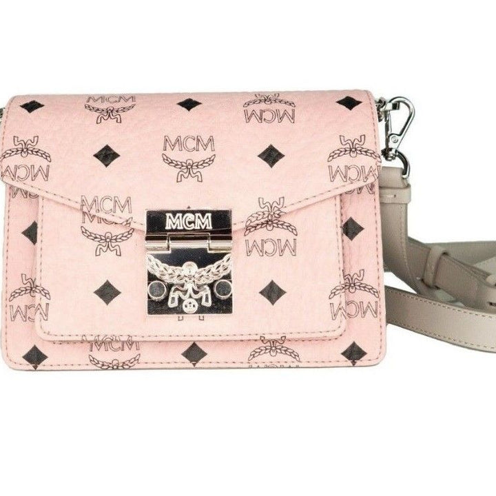 MCM Signature Soft Pink Diamond Logo Leather Mini Flap Lock Crossbody Handbag