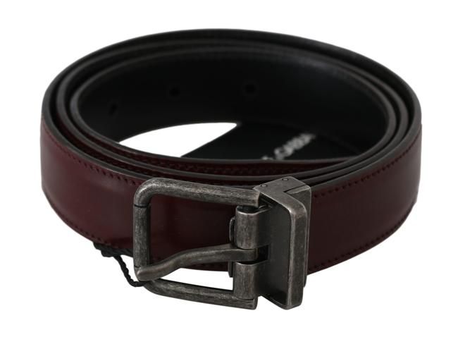 Dolce & Gabbana Men Bordeaux Leather Belt with Gray Brushed Buckle