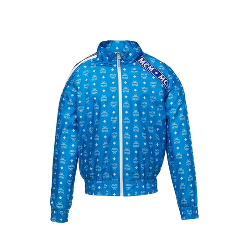MCM Women's Blue Nylon Bomber Jacket White Logo Print