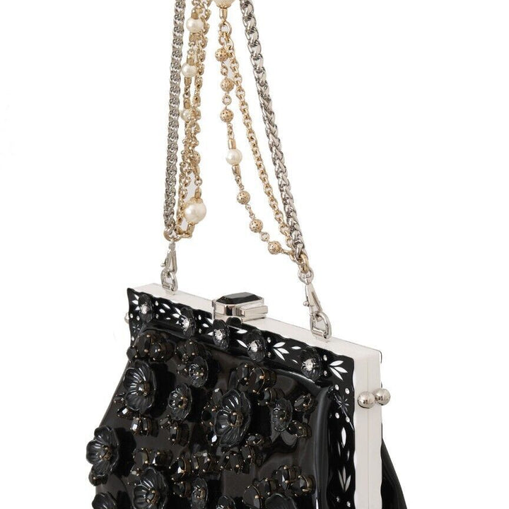 Dolce & Gabbana Black Floral Crystal Rubber VANDA Shoulder Bag