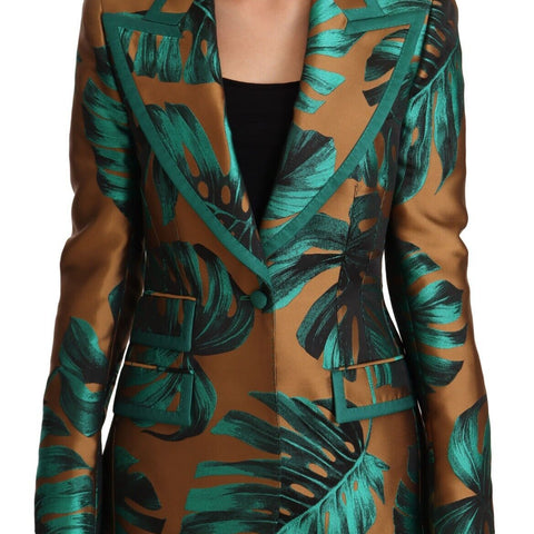 Dolce & Gabbana Brown Green Leaf Jacquard Coat Jacket