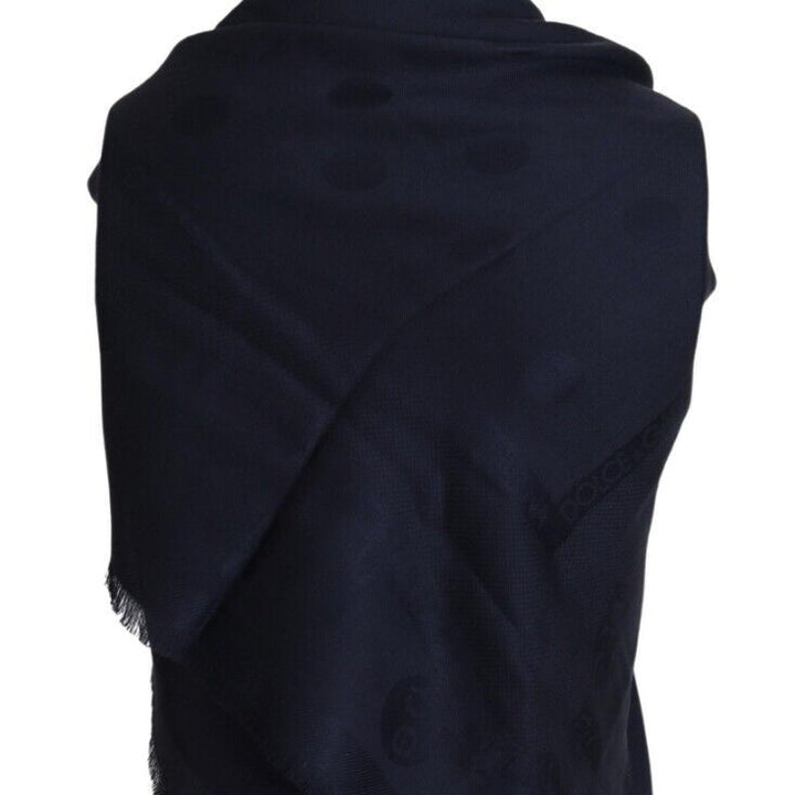 Dolce & Gabbana Dark Blue Fringes Shawl Silk Wool Scarf