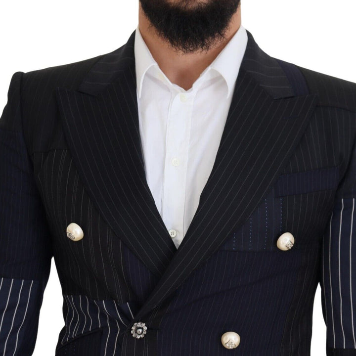 Dolce & Gabbana Blue Wool Patchwork Double Breasted Blazer