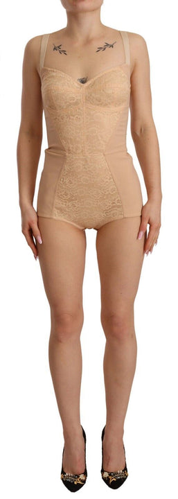 Dolce & Gabbana Beige Nylon Floral Lace Bodysuit Underwear