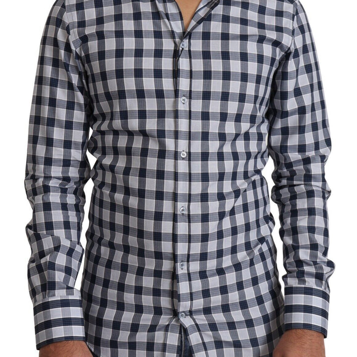 Dolce & Gabbana Blue White Check Cotton Slim Fit GOLD Shirt