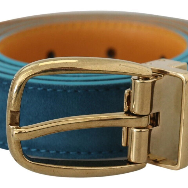 Dolce & Gabbana Blue Velvet Leather Silver DG Metal Buckle Belt