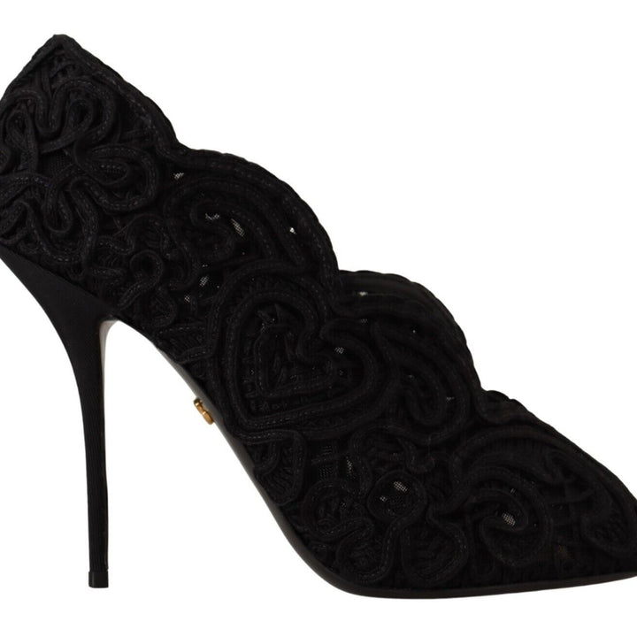 Dolce & Gabbana Black Cordonetto Ricamo Pump Open Toe Shoes